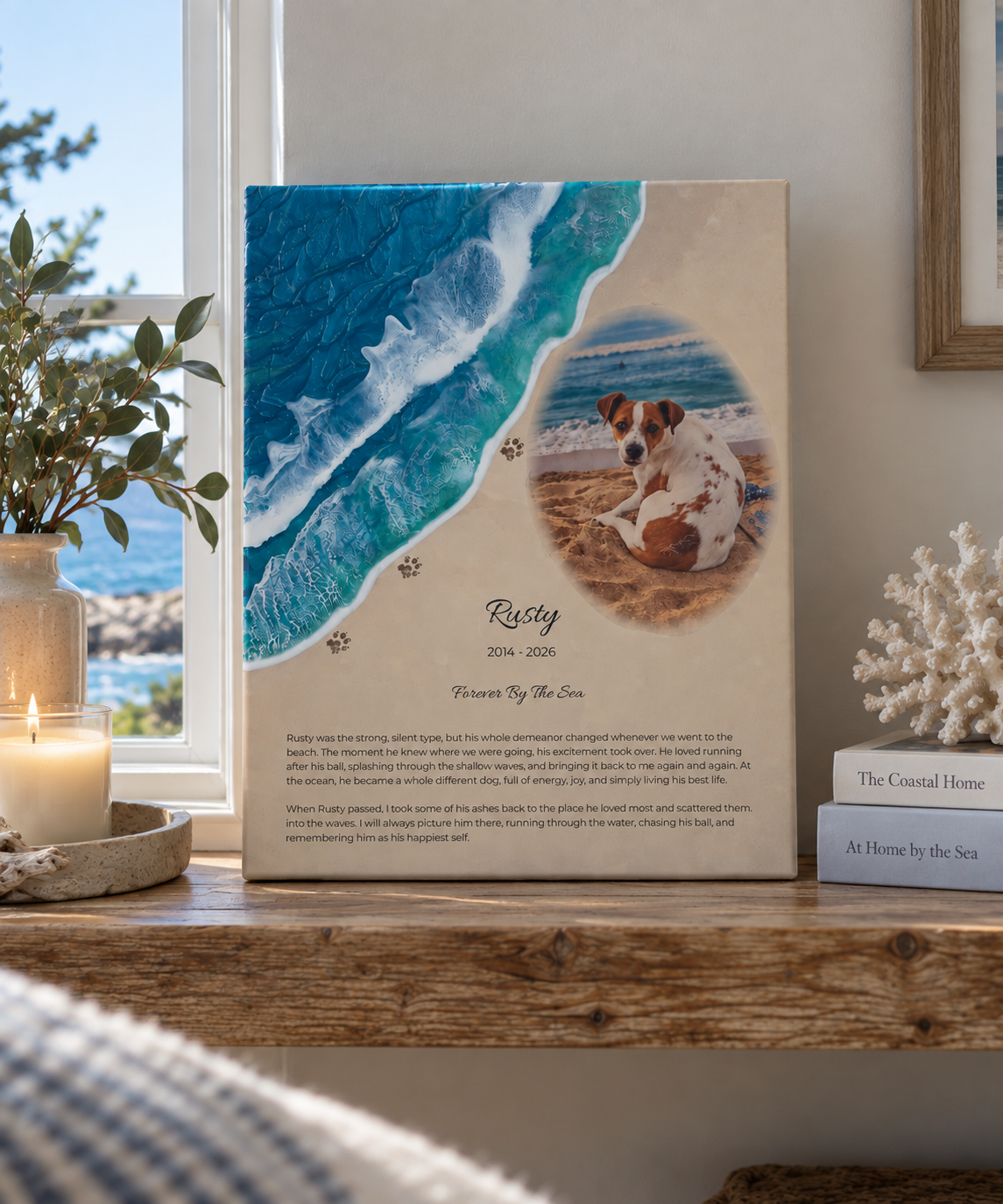 Personalized Forever by the Sea ocean pet memorial with photo, life story and paw prints