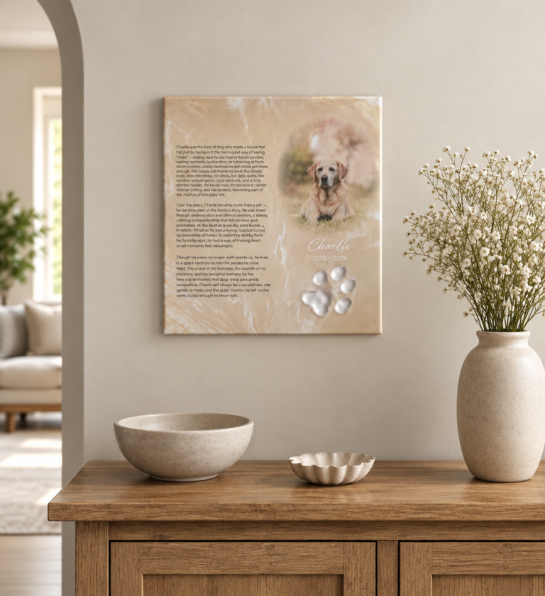 Classic pet life story memorial with photo, story and paw print